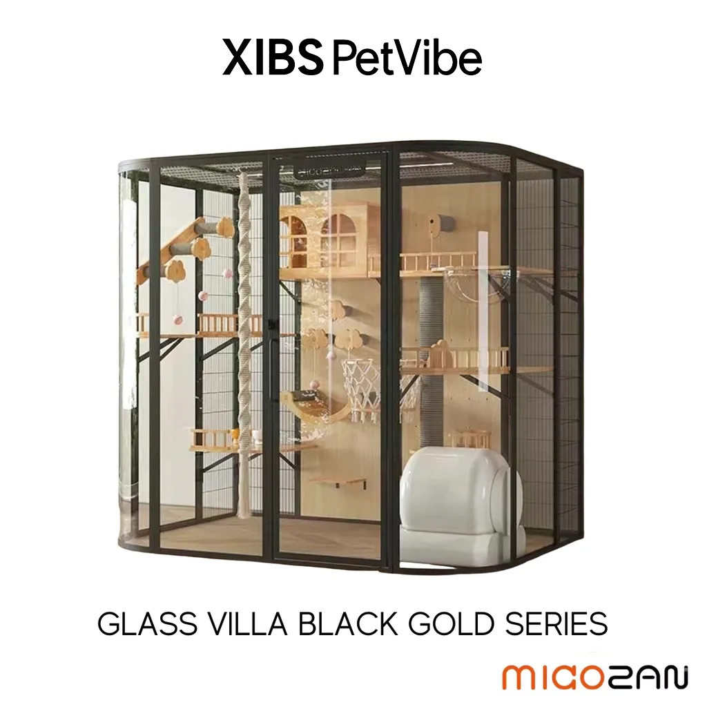 XIBS PetVibe Premium Glass Cat Villa - Black Gold Series